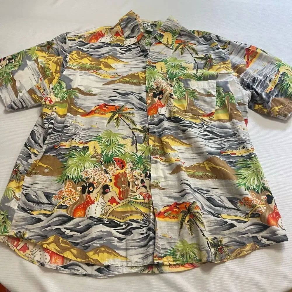 Step In Style Vintage Hawaiian Short Sleeve Button Up Shirt XL See Measurements
